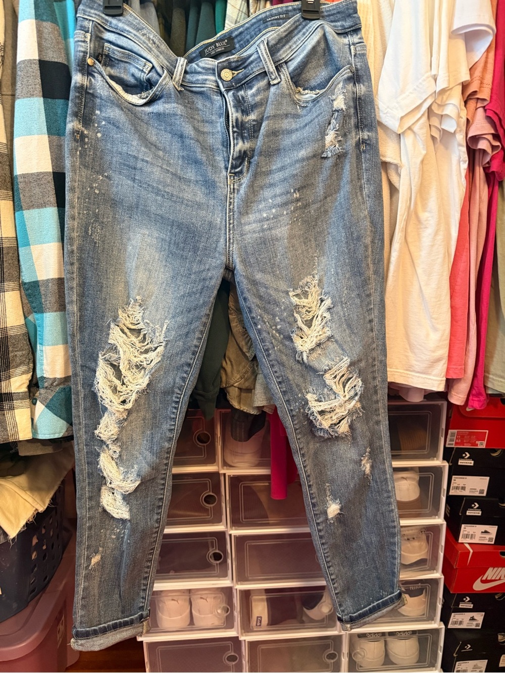 Judy Blue Jeans Womens 15/32 Skinny Fit Blue Distressed Destroyed Ripped Stretch
